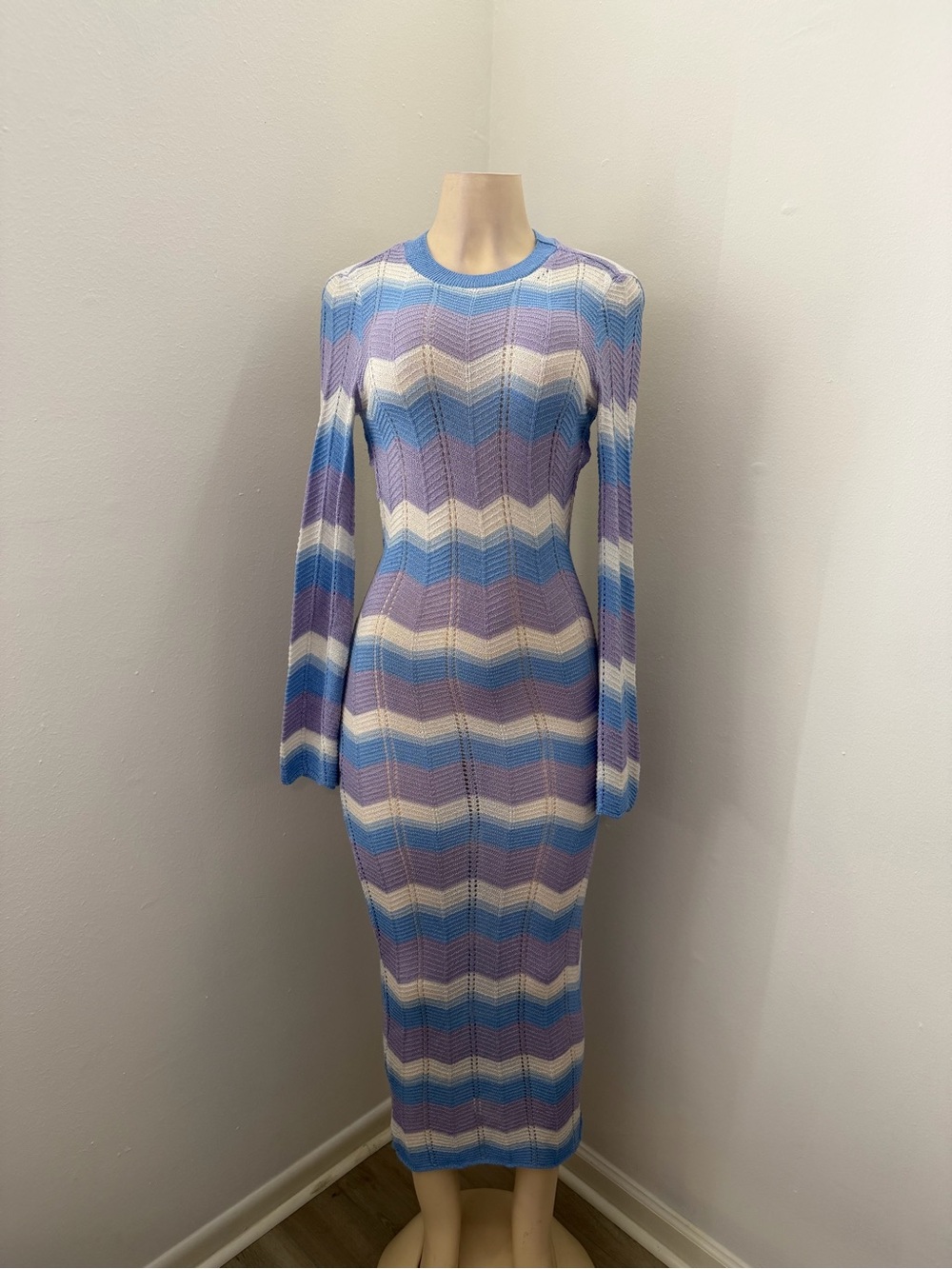 Nastygal Collection Crochet Stripe open back maxi Dress blue/ purple & white
